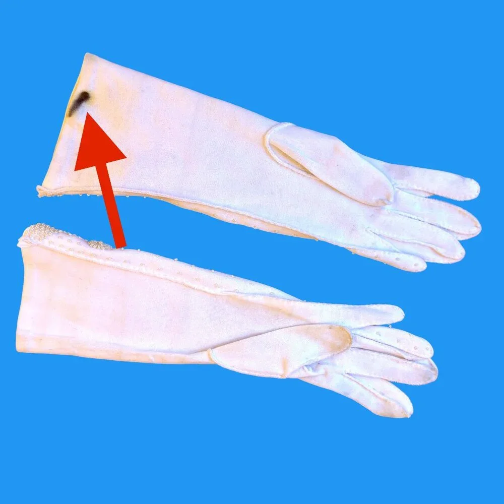 Vintage Hong Kong White Gloves With Beads Flowers Mid Elbow Length Womens 7